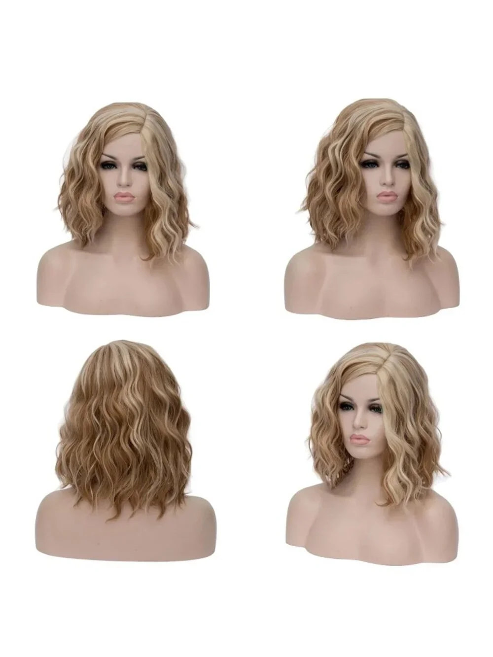 Women's Brown Blonde Wavy Curly Bob Wig Heat Resistant Cosplay Halloween Party